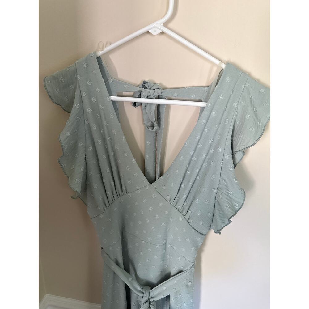Altar’d State | Sage Green Polka Dot Textured V-Neck Maxi Dress Ruffle Shoulders - Picture 3 of 11